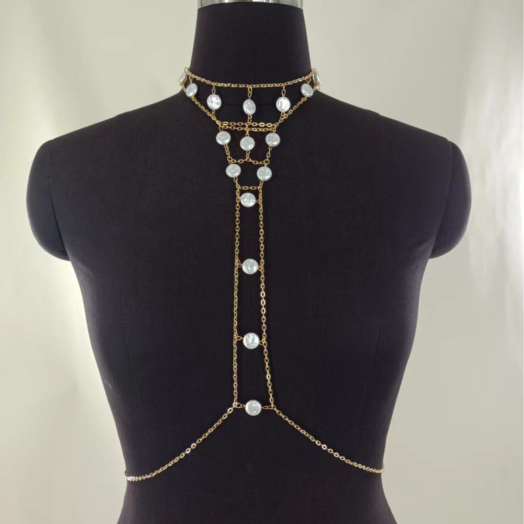 Layer Pearl Belly Chain Geometric Round Tassel Belly Chain