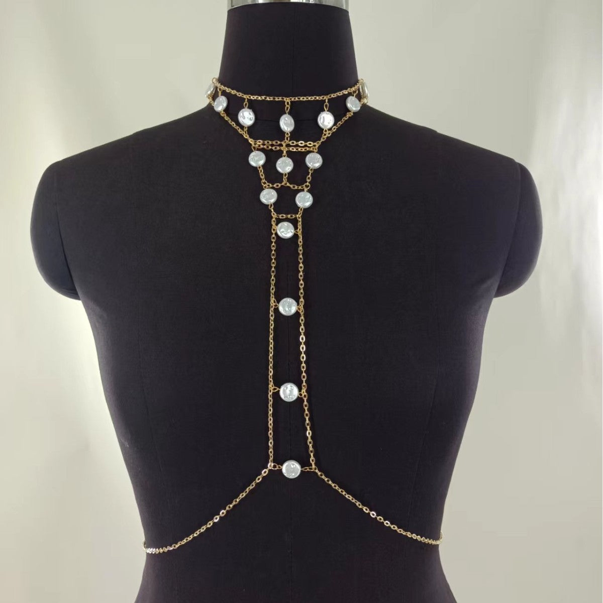 Layer Pearl Belly Chain Geometric Round Tassel Belly Chain