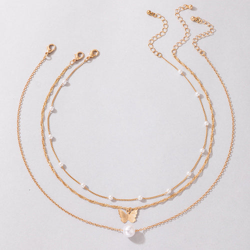 3 Layers Metallic Chain Pearl Butterfly Charm Necklace