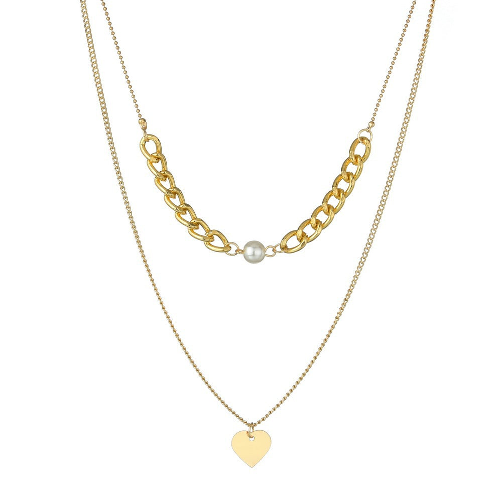 Double Layers Chain Heart Pearl Pendant Necklace
