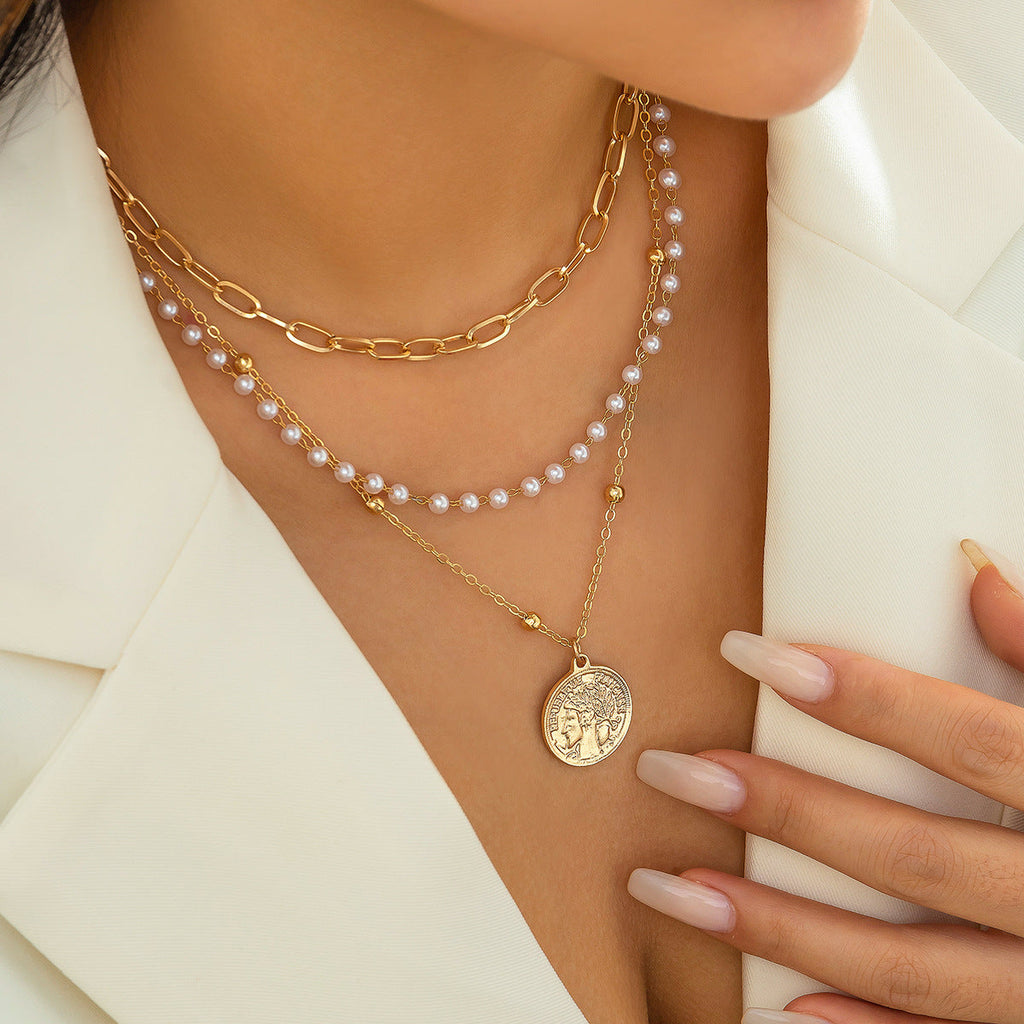 Women Pearl Bead Multi-layer Collarbone Chain Necklace