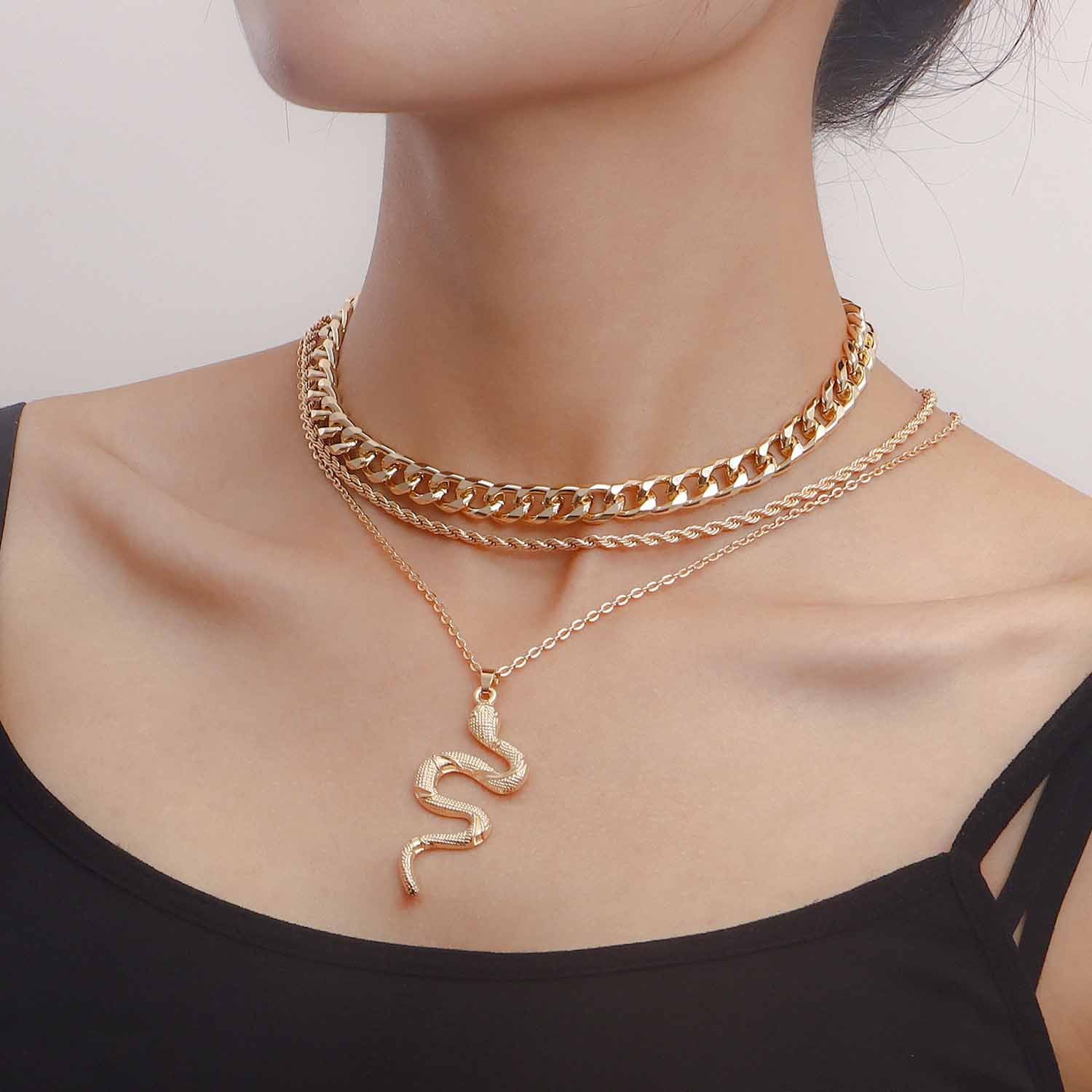 Vintage Cuban Chain Multi Layered Snake Pendant Necklace