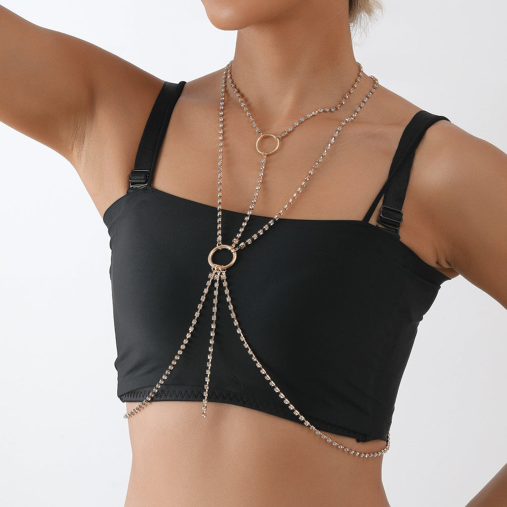 Women Rhinestone Long Necklace Breast Chain