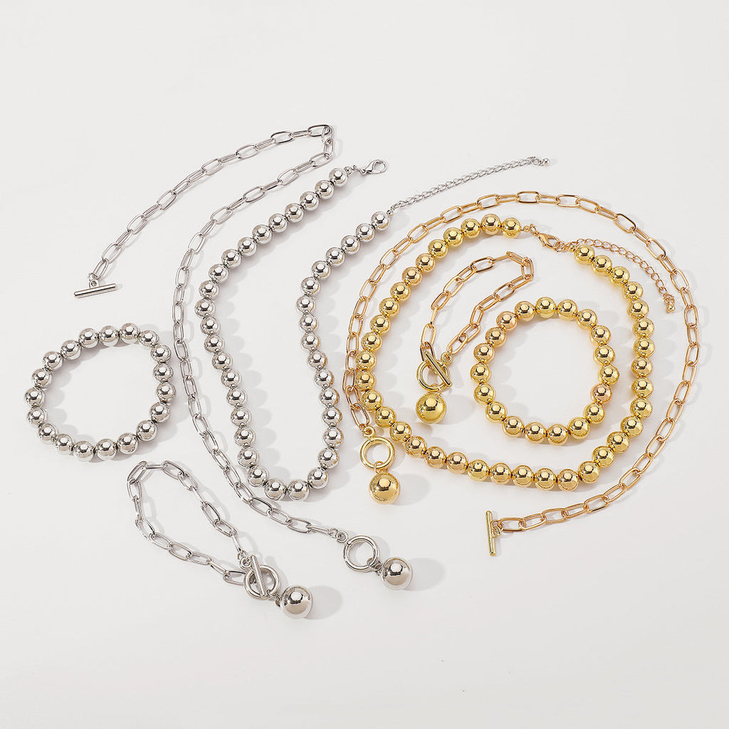 Hip Hop Beaded Set Necklace Geometric OT Buckle Short Ball Pendant Necklace