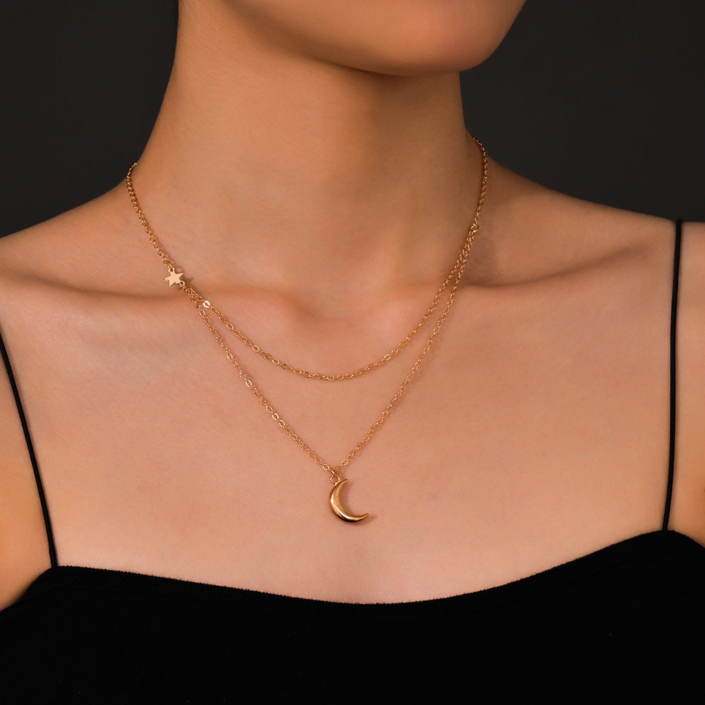 Double Layer Chain Moon Charm Choker Necklace