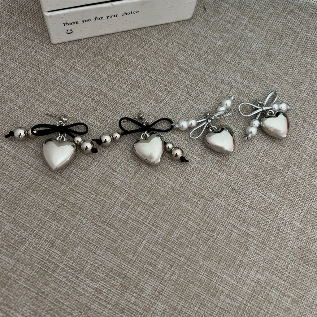 Heart Pendant White Imitation Pearl Bow Ribbon Choker Necklace for Women