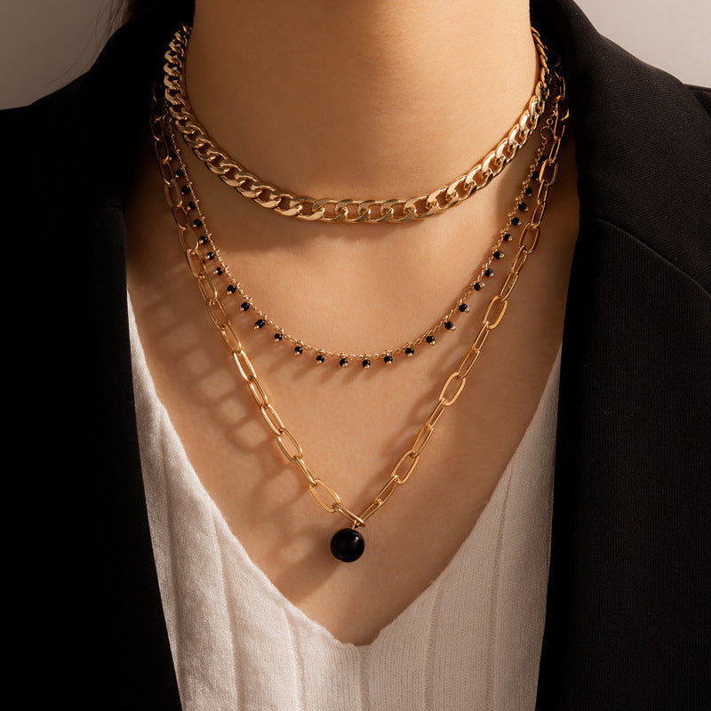 Black bead Charm Chain Necklace for Women
