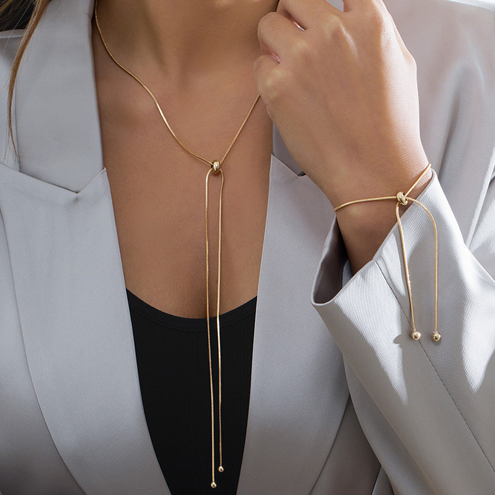 Metallic Long Chain Tassel Necklace Hand Jewelry