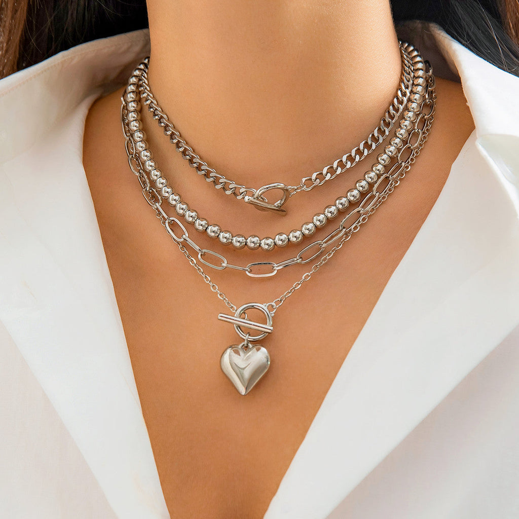 Multi Layer Chain Necklace Silver Round Beaded Necklace
