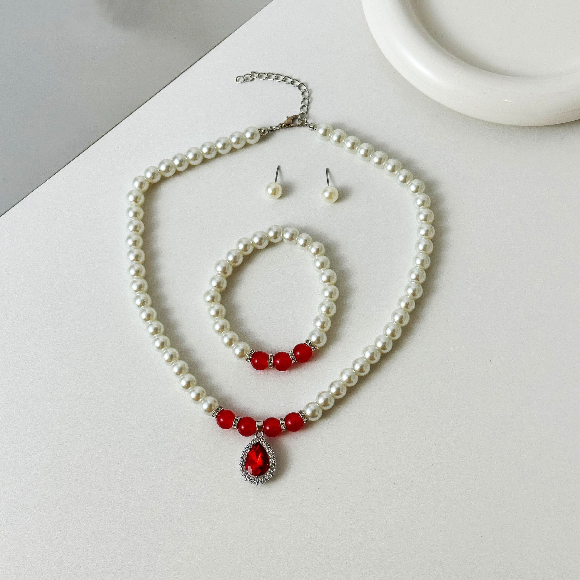 Glass Pearl Emerald Waterdrop Pendant Necklace Set