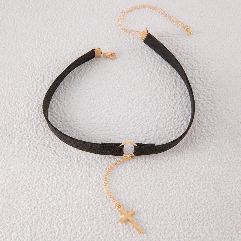 Punk Cross Tassel Pendant Black Short Choker Necklace