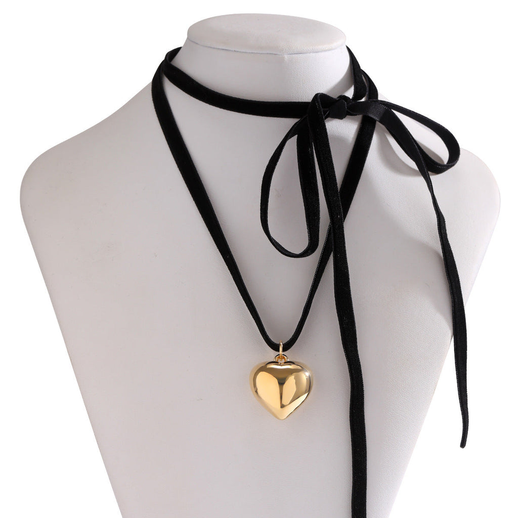 Double Layer Pink Lace Chain Metal Heart Pendant Choker Necklace