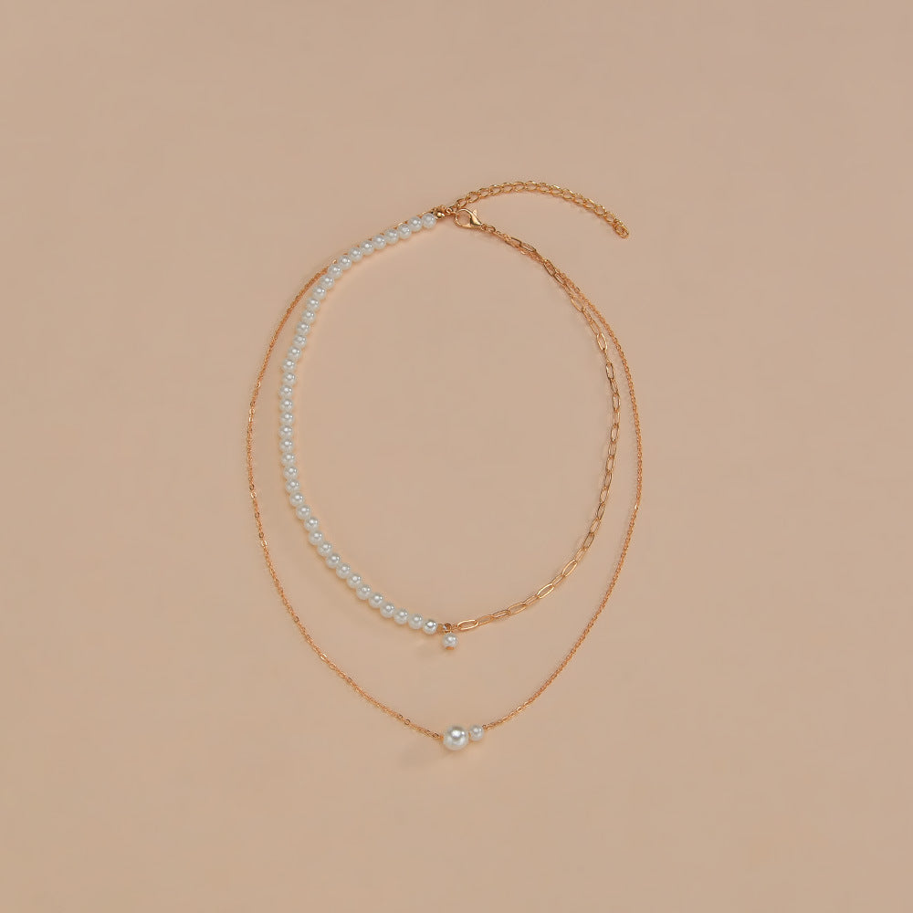 Chain Gold Bead Necklace Pearl Pendant Choker Multi Layer
