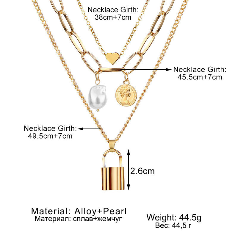 Heart Star Charm Paperclip Chain Choker Necklace Layered Lock Pendant