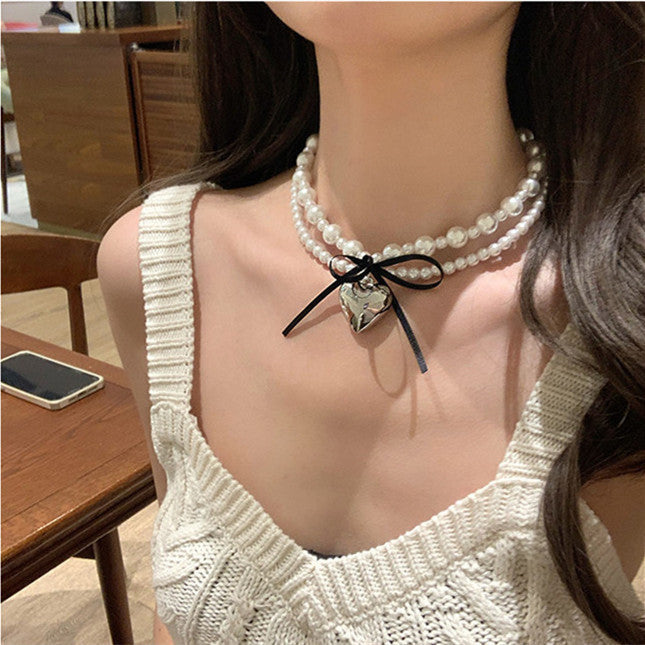 Goth Black Ribbon Bow Heart Pendant Necklace