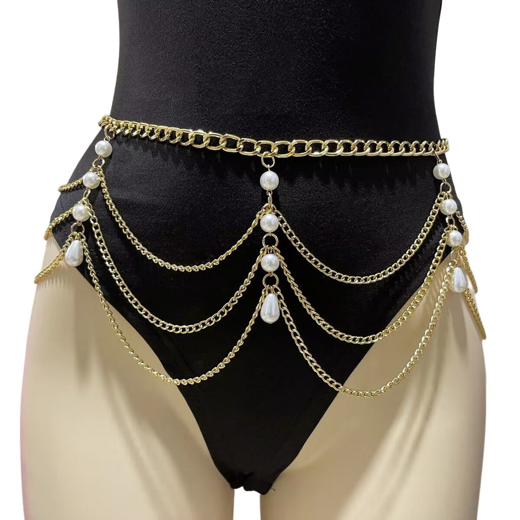 Chunky Curb Chain Belt Pearl Party Club Belly Jewelry