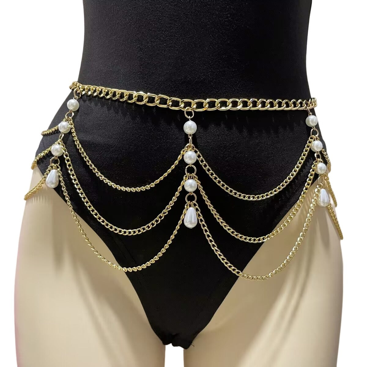 Chunky Curb Chain Belt Pearl Party Club Belly Jewelry