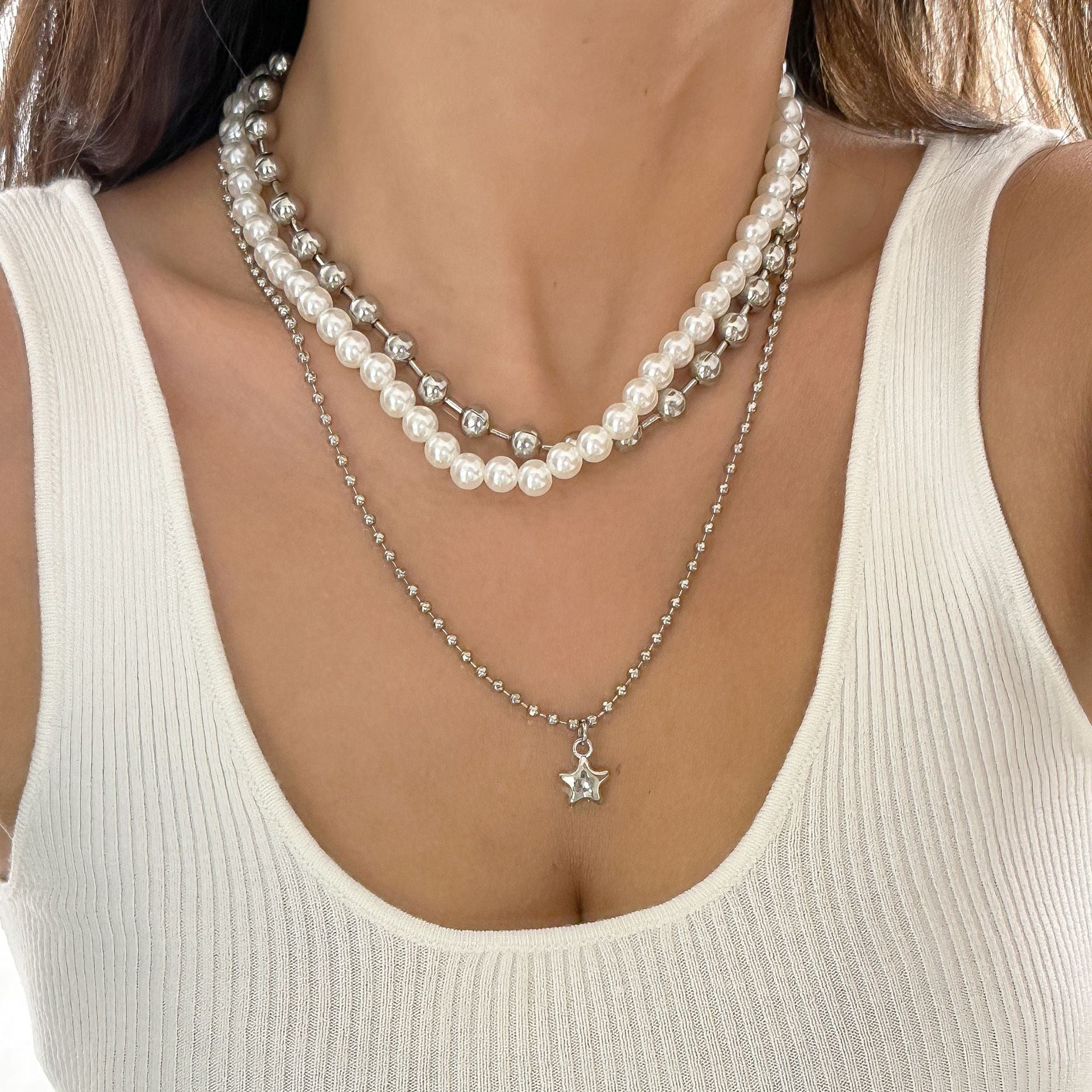 Punk Sweet Cool Multi-layer Pearl Beaded Necklace Star Pendant