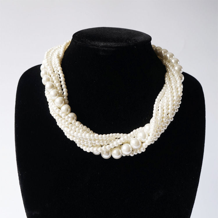 Vintage Choker Faux Pearl Multi Strand Twisted Necklace