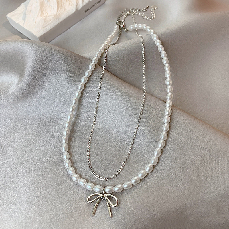 Double Layer Pearl Necklace Women Bow Necklace
