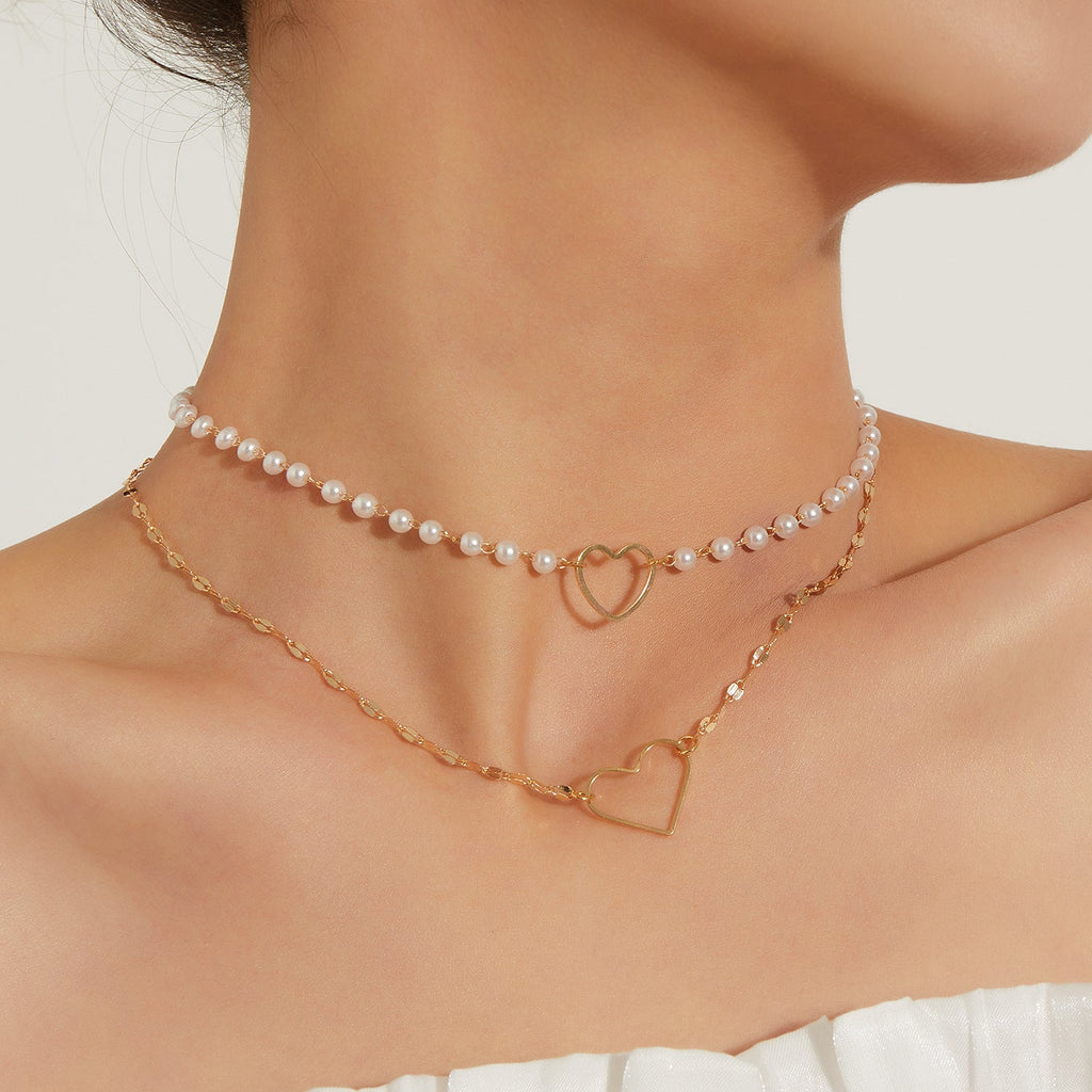 Beaded Pearl Necklace Heart Pendant