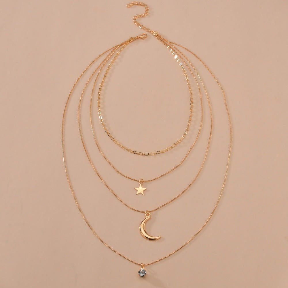 Custom Multi Layer Star Moon Pendant Gold Chain Necklace