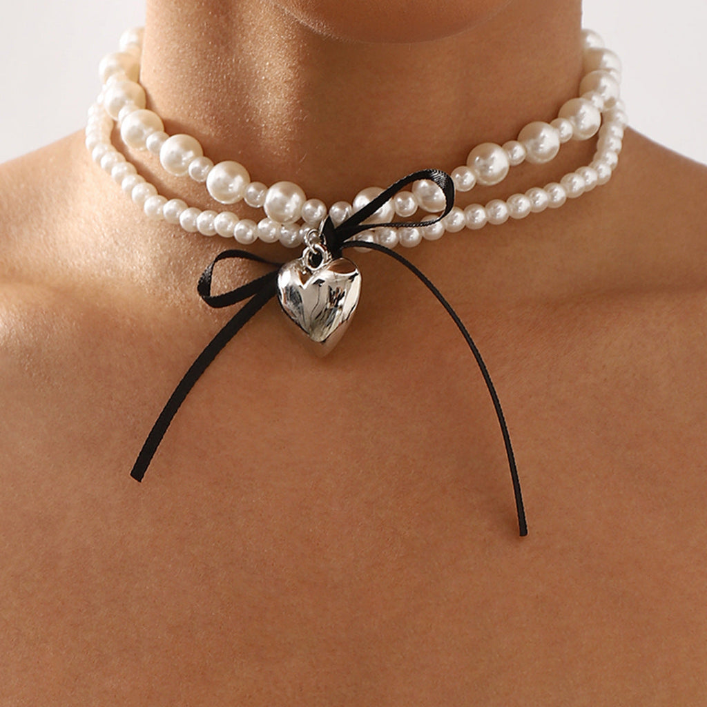 Goth Black Ribbon Bow Heart Pendant Necklace for Women