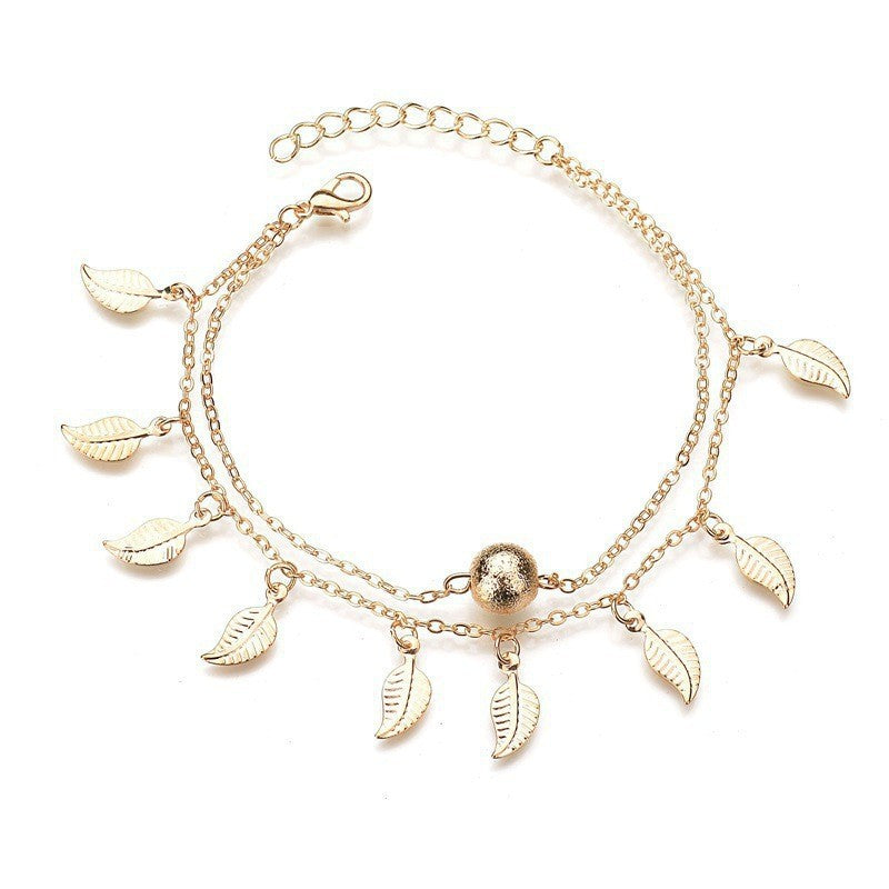 Beach Leaf Shape Layered Tassel Foot Chain