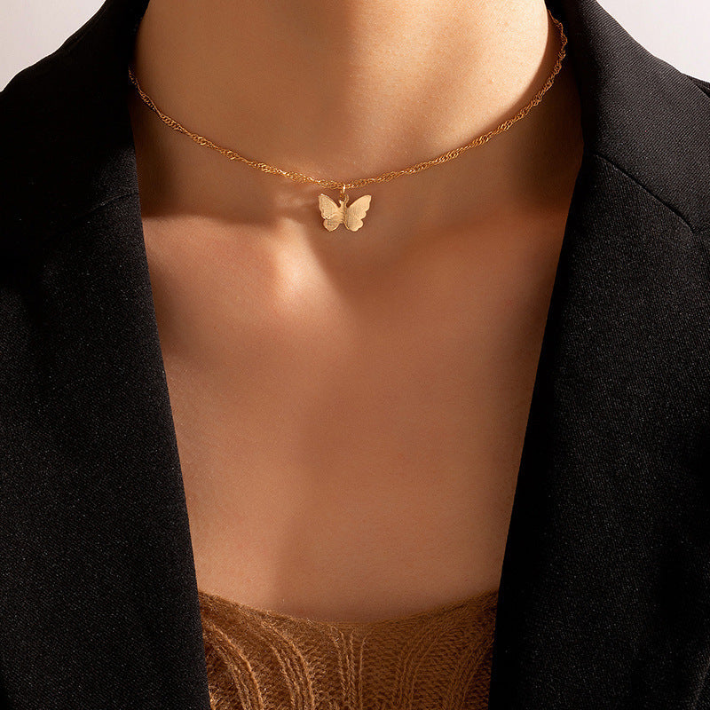 Double Layered Butterfly Pendant Multi Layered Necklace