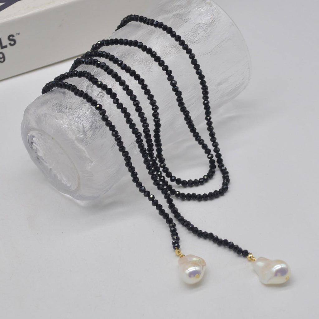 Sweater Necklace Black Crystal Pendant
