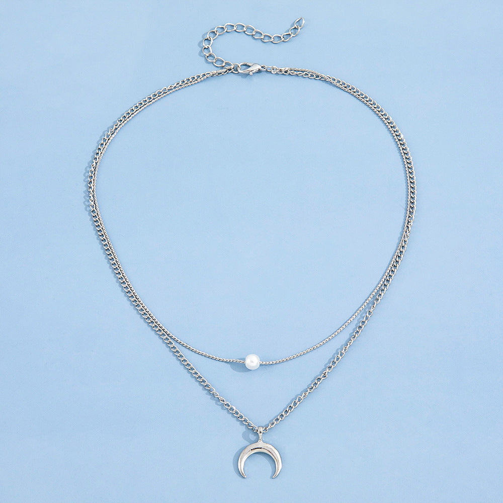 Double Layer Crescent Pearl Pendant Necklace