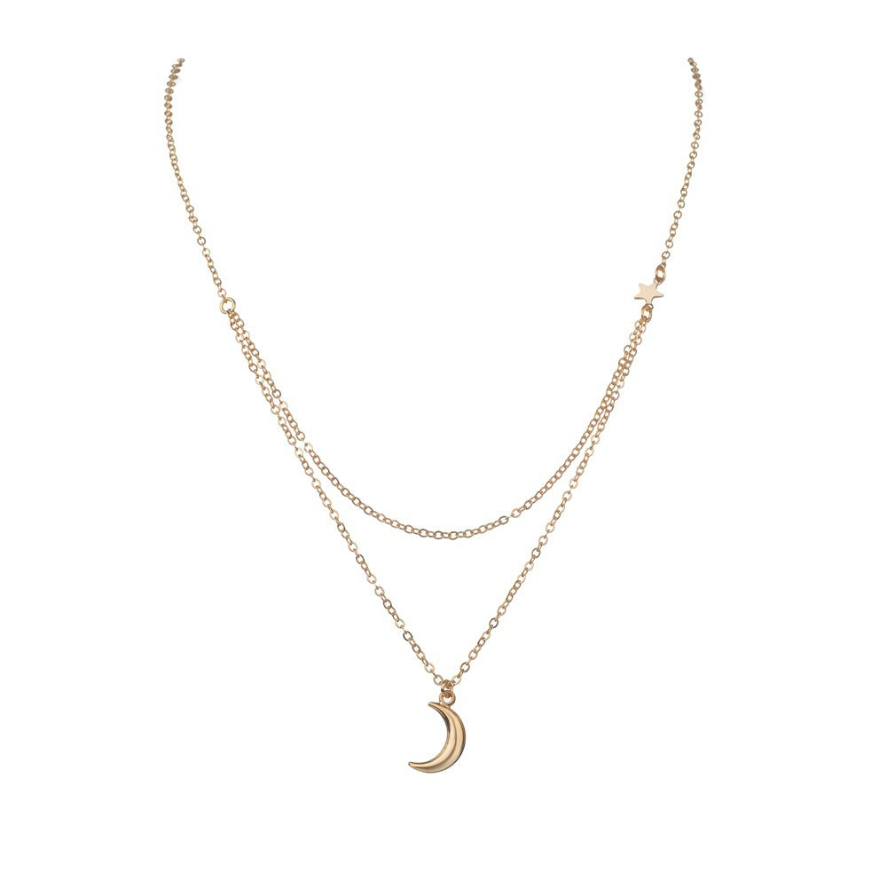 Double Layer Chain Moon Charm Choker Necklace