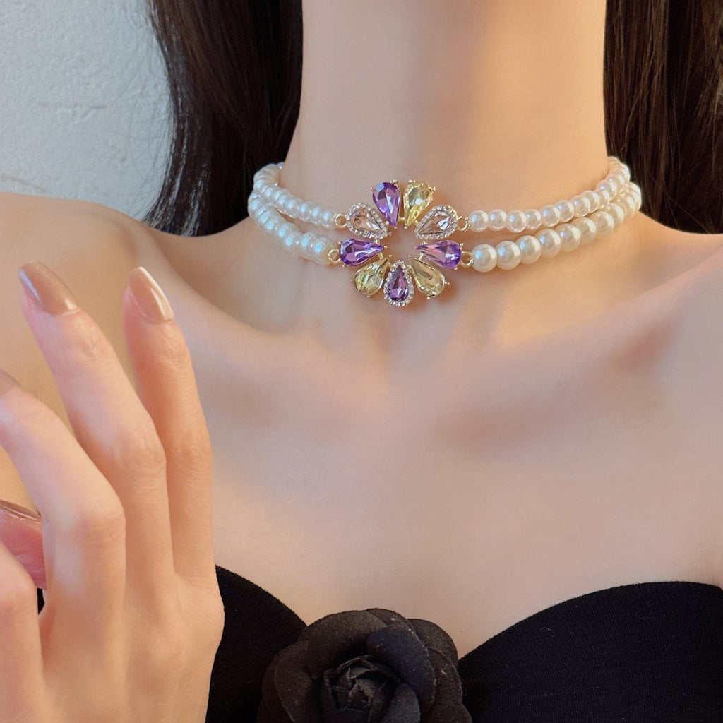 Women Wedding Party Sweet Colorful Crystal Flower Necklace