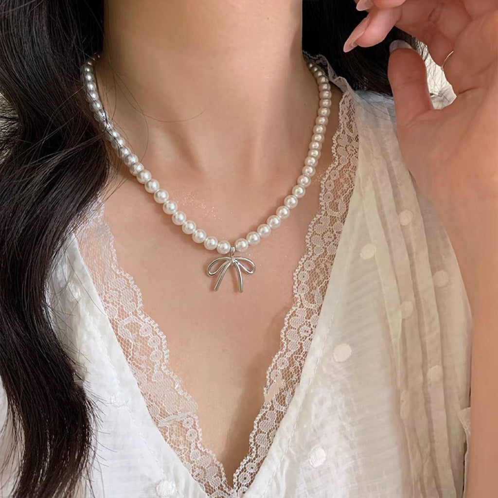 Bow Knot Women Pearl Beads Necklace