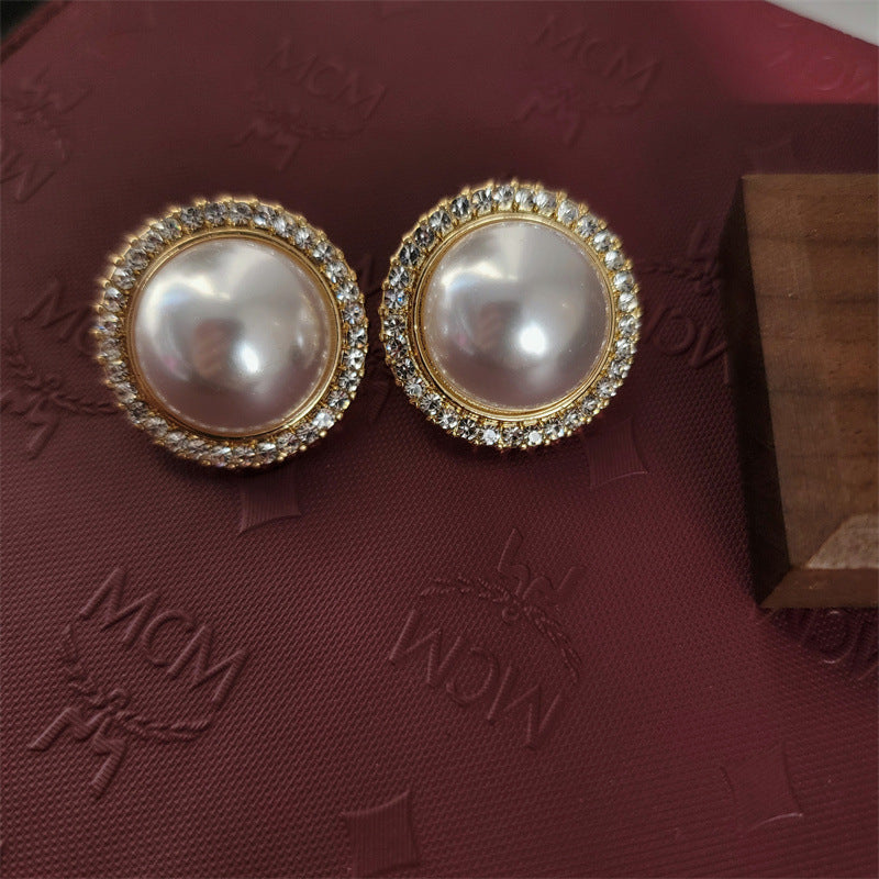 Pearl Double Clavicle Chain Flash Round Pearl Earring Necklace Set