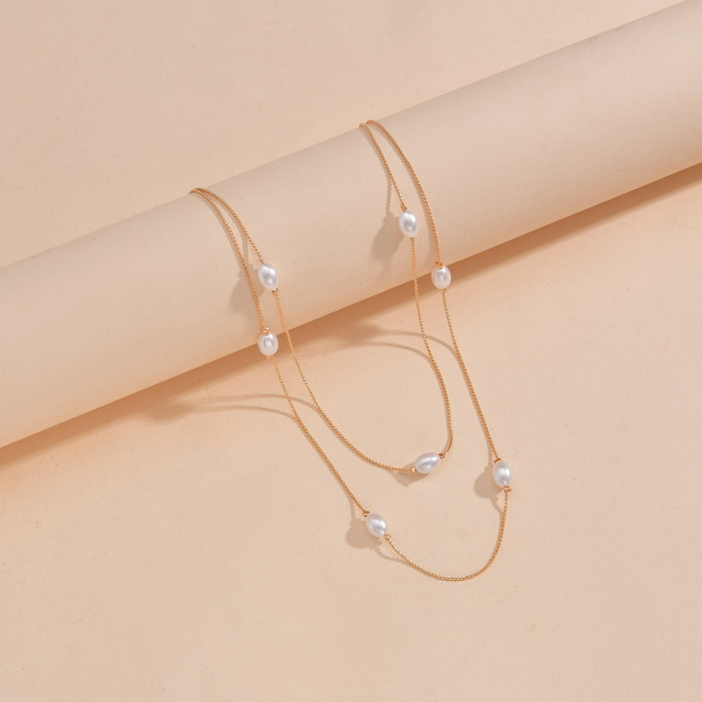 Pearl Beaded Double Layer Thin Chain Necklace