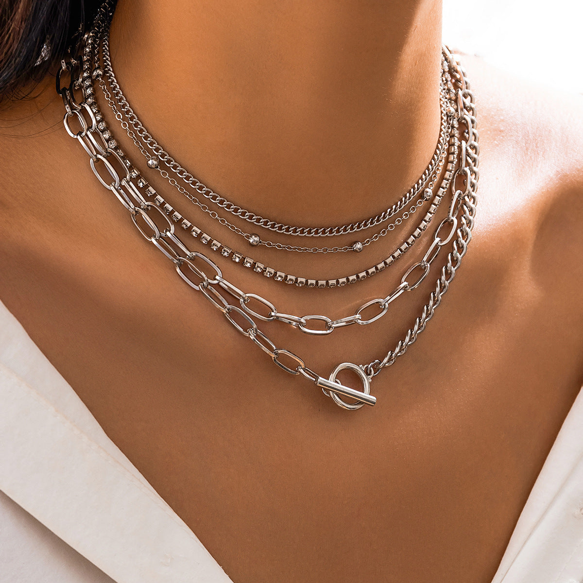 Thin Chain Layered Rhinestone Chain Bracelet Set