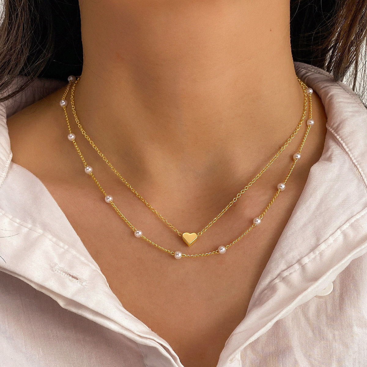 Double Layer Chain Small Love Heart Pendant Necklace