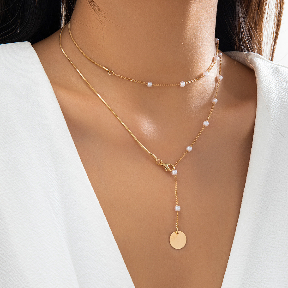 Double Layer Long Chain Pearl Necklace