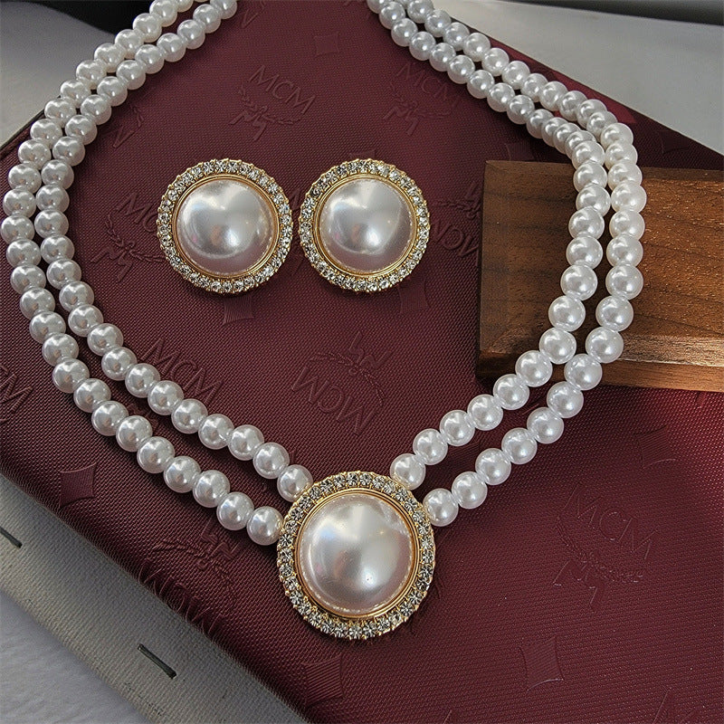 Pearl Double Clavicle Chain Flash Round Pearl Earring Necklace Set