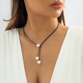 Gorgeous Black Wax Rope Faux Pearl Pendant Necklace