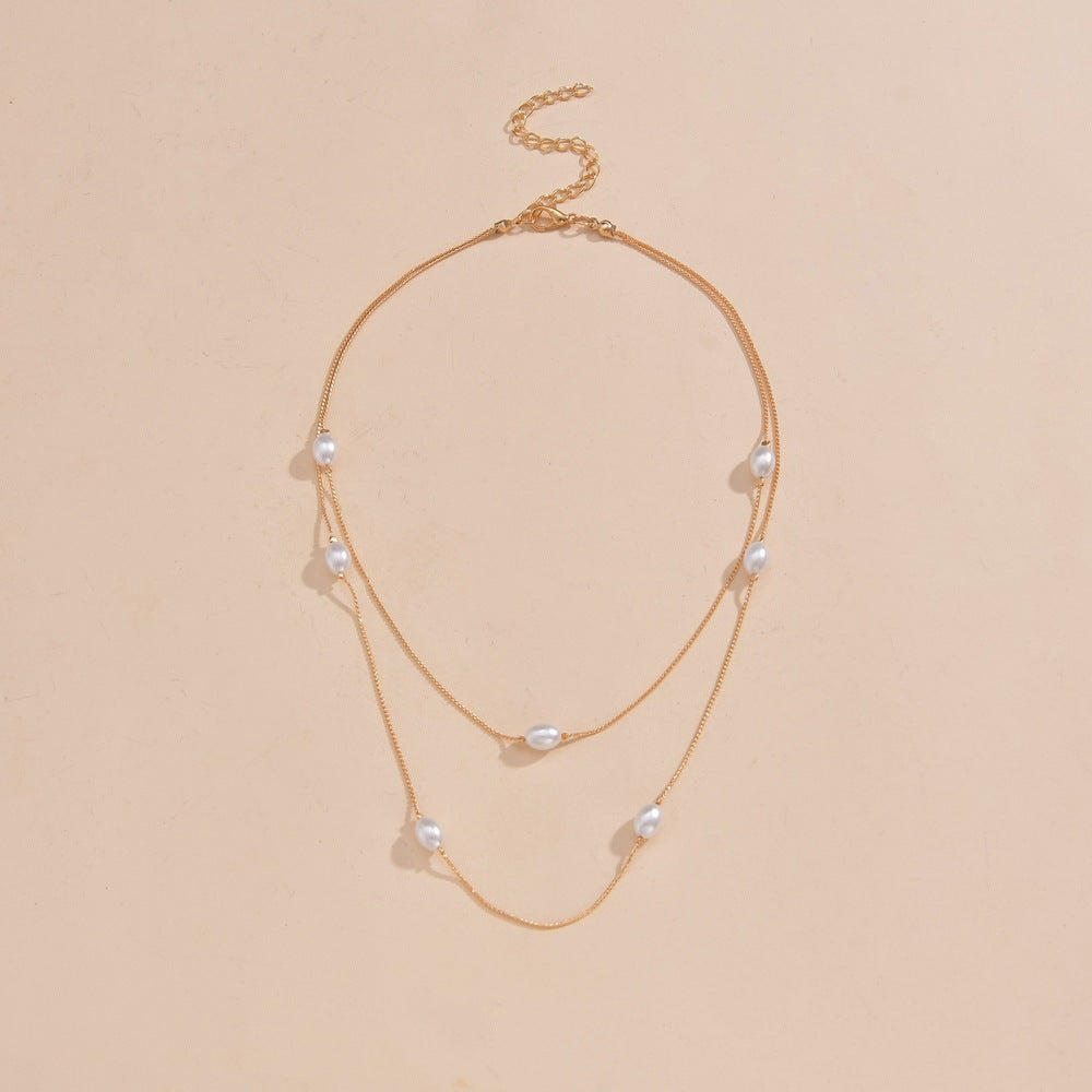 Pearl Beaded Double Layer Thin Chain Necklace