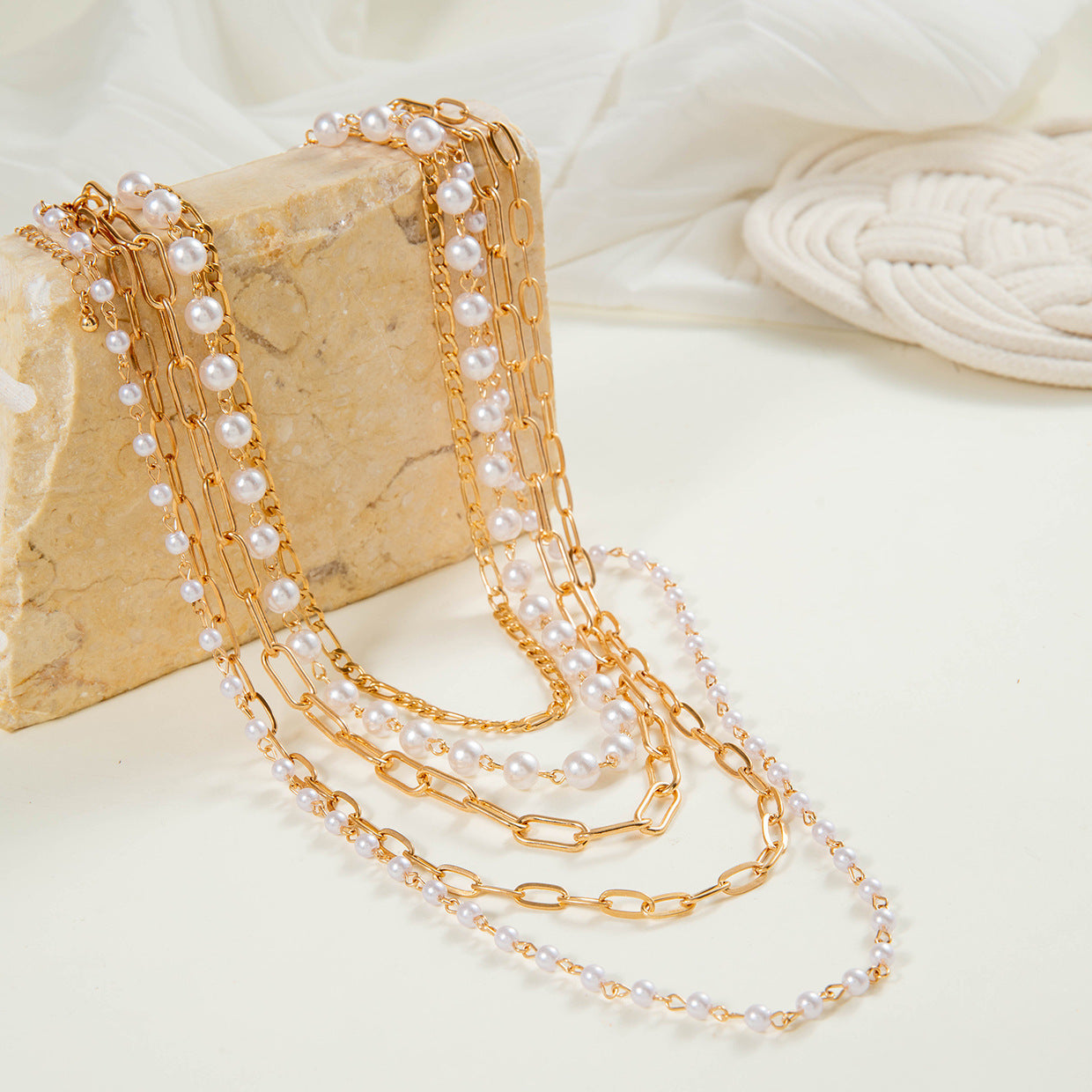 Layer Pearl Necklace Long Chain Necklace