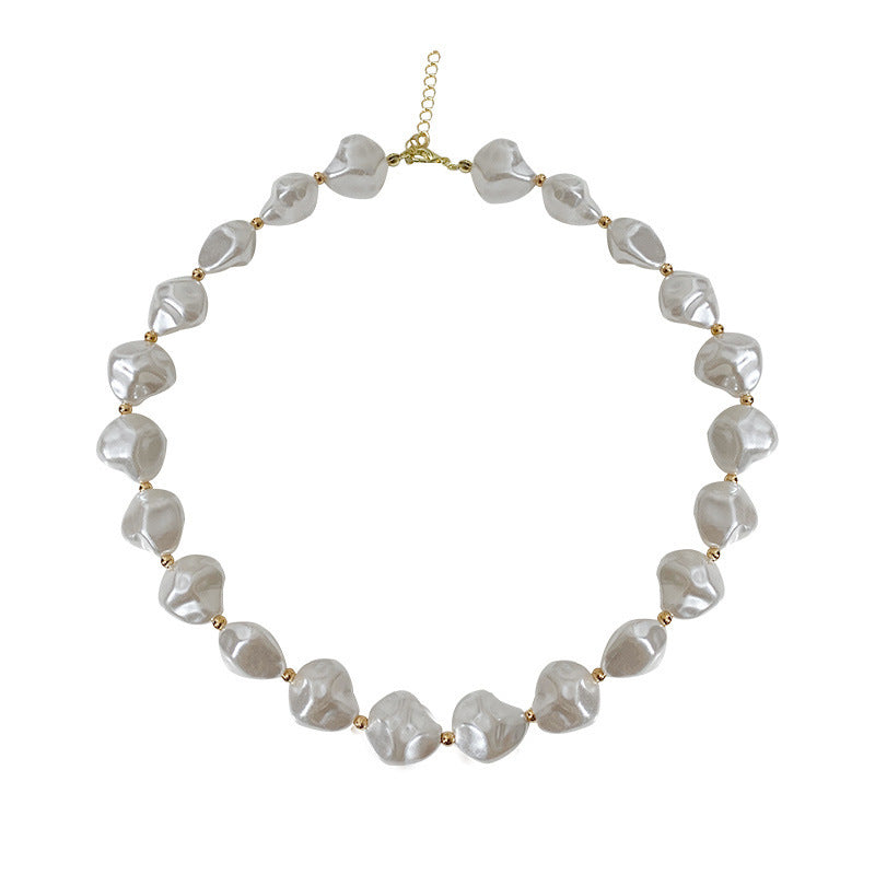 Irregular Baroque Pearl Beaded Necklace for Women Gold Pleated OT Clasp Choker