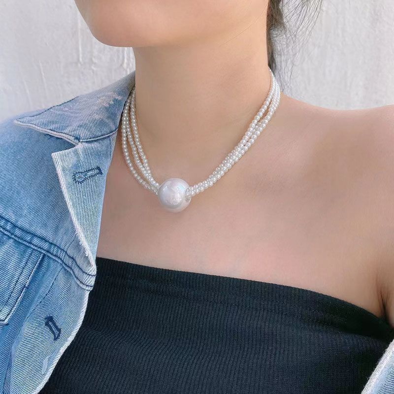 Large Round Bead Pendant Multi layer Pearl Beaded Necklace