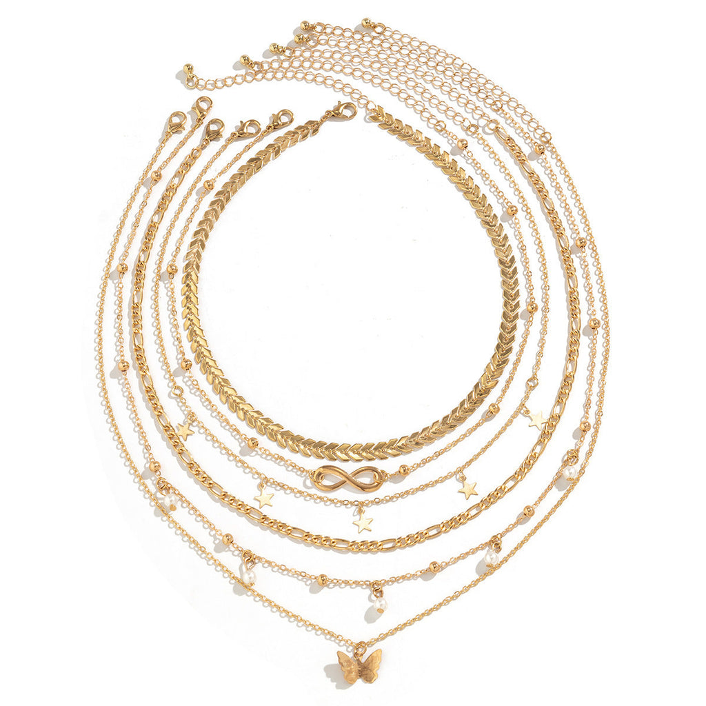 Women Butterfly Tassel Pendant Layered Set Necklace