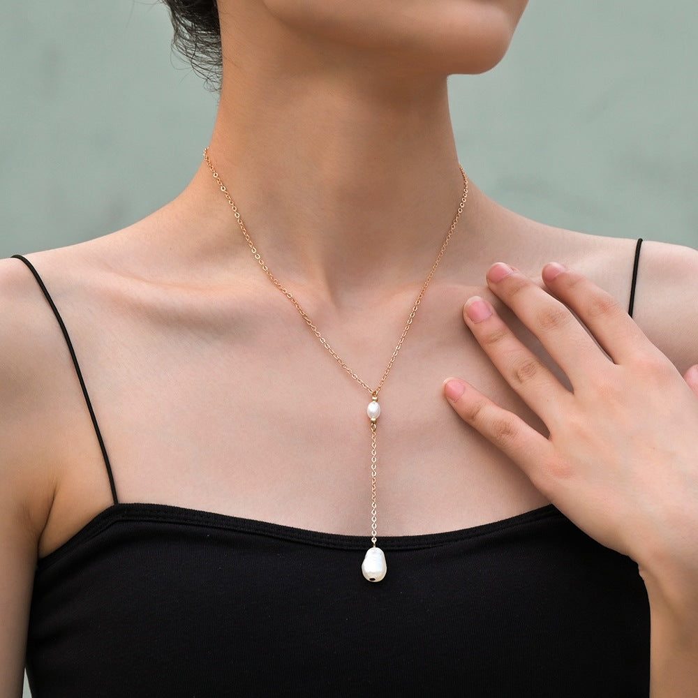 Women Pearl Sweater Chain Necklace