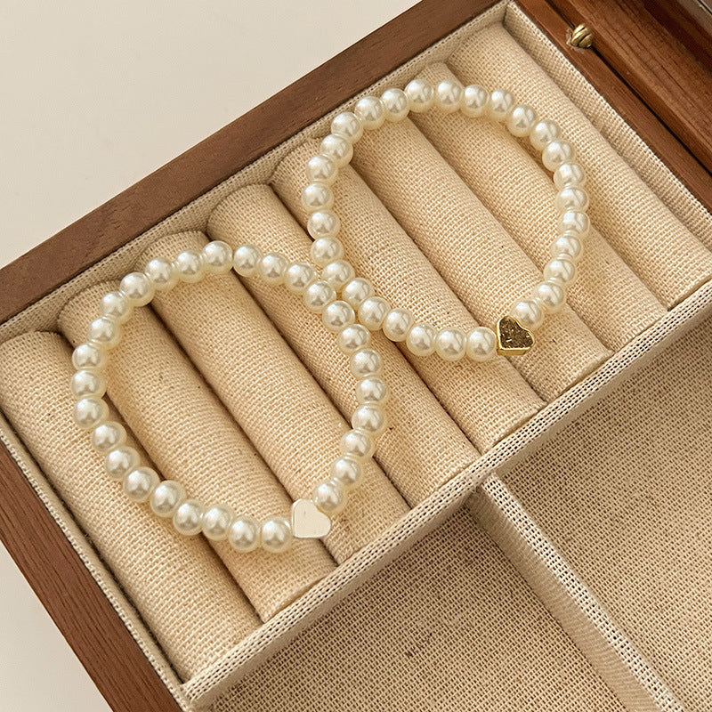 Heart Charm Pearl Beaded Bracelet