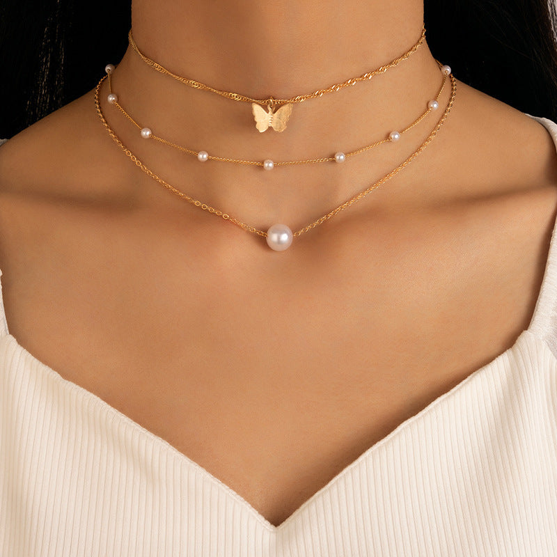 3 Layers Metallic Chain Pearl Butterfly Charm Necklace