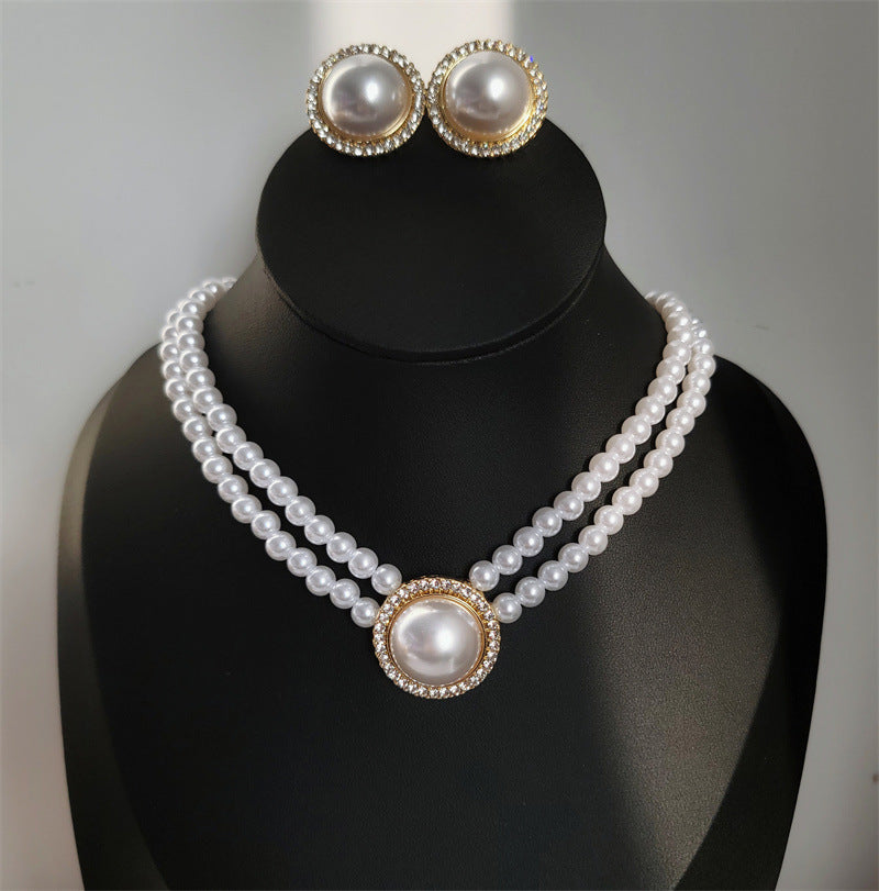 Pearl Double Clavicle Chain Flash Round Pearl Earring Necklace Set